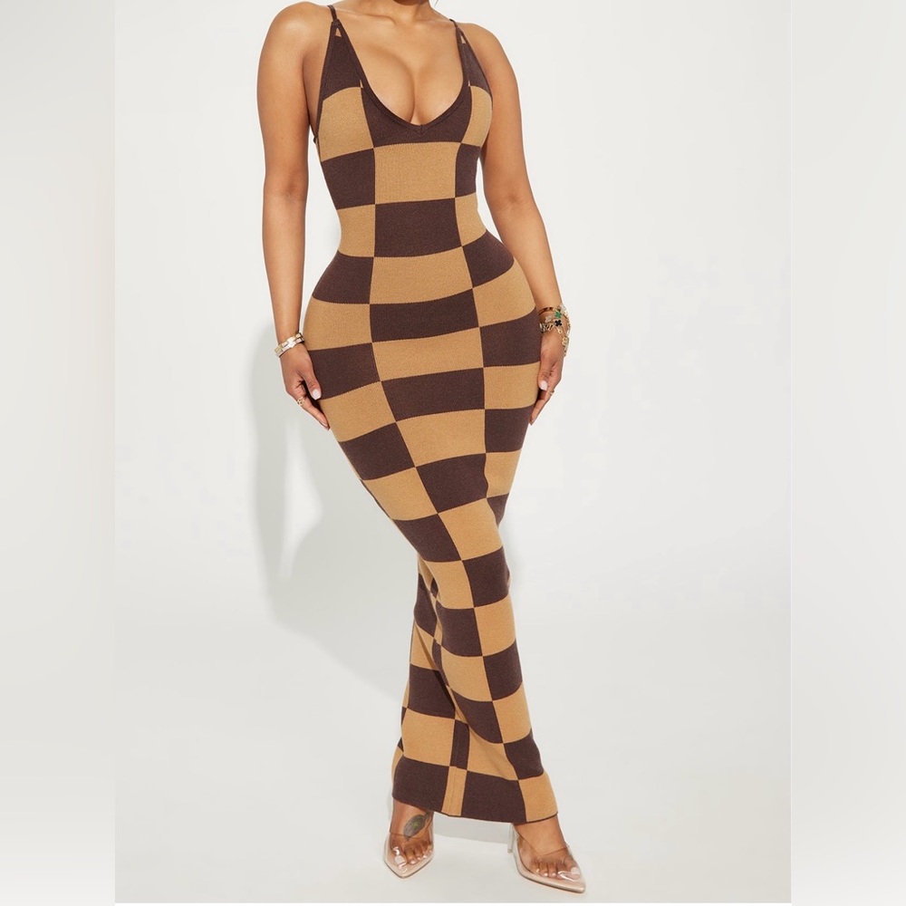 Brown and Tan Checkered Women Dress
